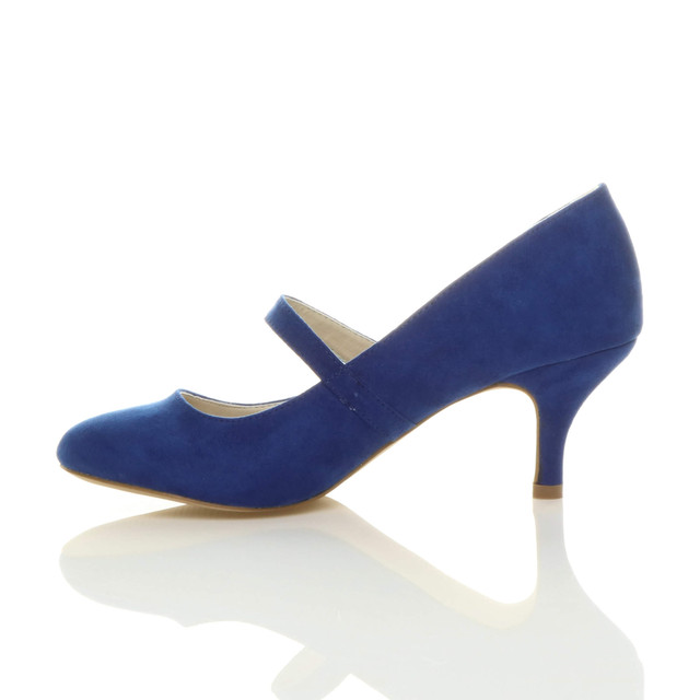 Left side view of Cobalt Blue Suede Mid Heel Mary Jane Court Shoes