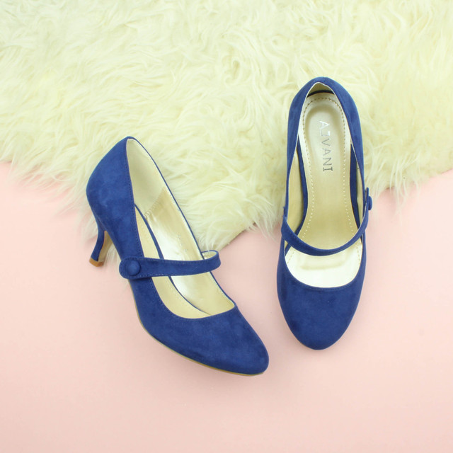Cobalt Blue Suede Mid Heel Mary Jane Court Shoes