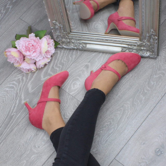 Model wearing Coral Suede Mid Heel Mary Jane Court Shoes