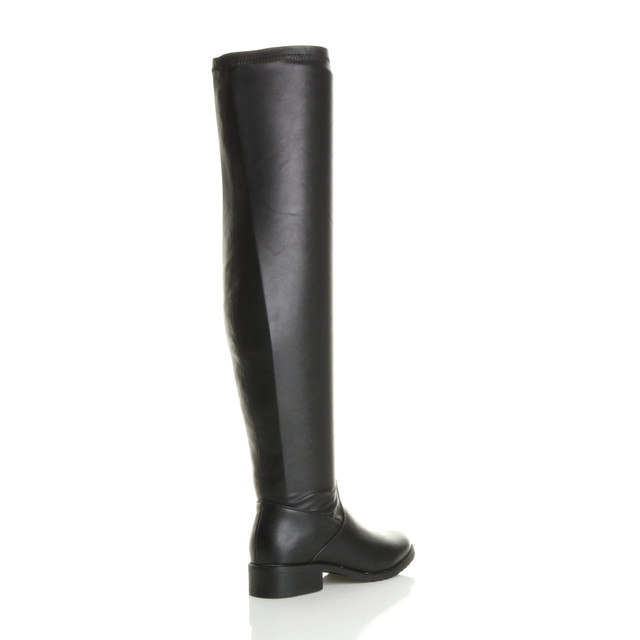 Back right side view of Black PU Low Heel Stretch Over The Knee Boots
