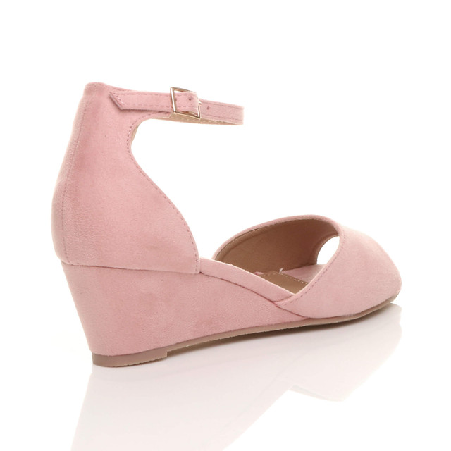 Back right side view of Pale Pink Suede Low Mid Wedge Heel Ankle Strap Sandals