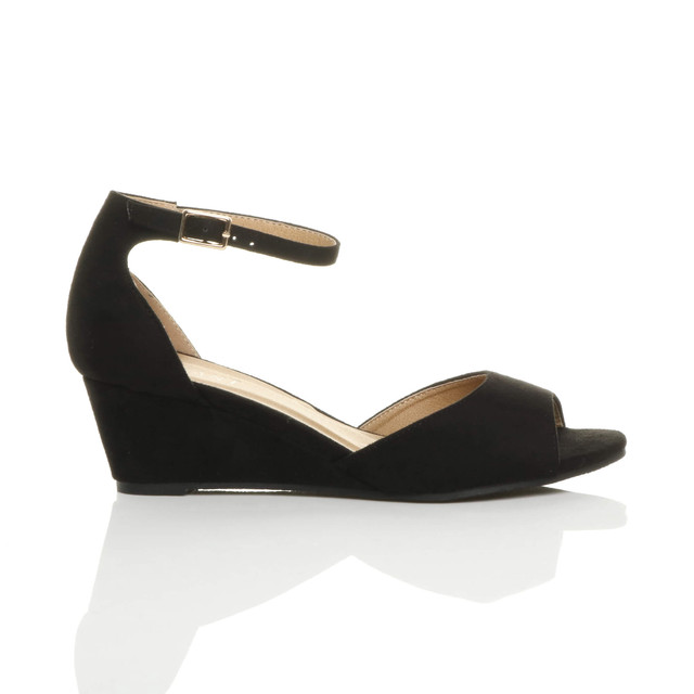 Right side view of Black Suede Low Mid Wedge Heel Ankle Strap Sandals