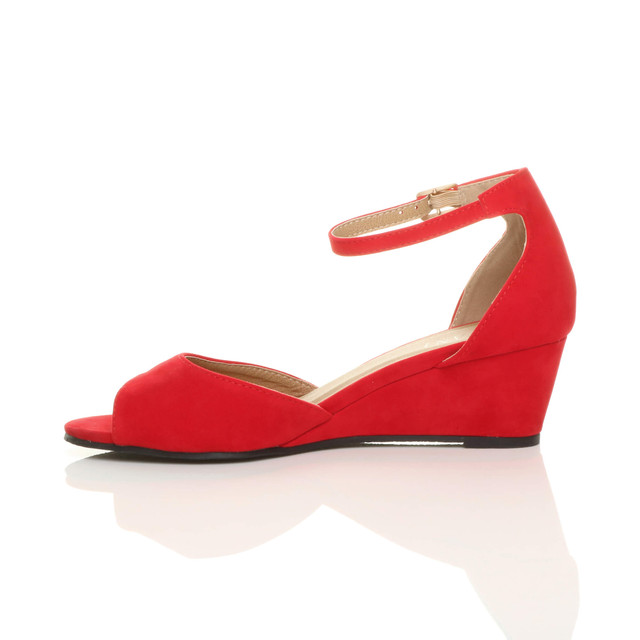 Left side view of Red Suede Low Mid Wedge Heel Ankle Strap Sandals