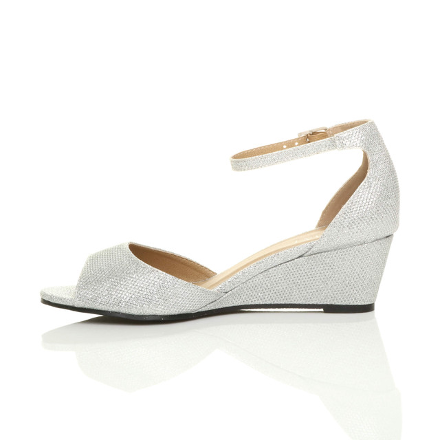 Left side view of Silver Glitter Low Mid Wedge Heel Ankle Strap Sandals