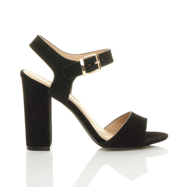 Right side view of Black Suede High Block Heel Sandals