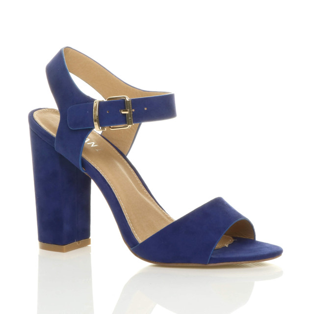 Front right side view of Blue Suede High Block Heel Sandals