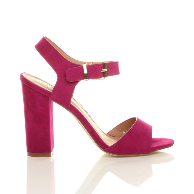 Right side view of Fuchsia Pink Suede High Block Heel Sandals