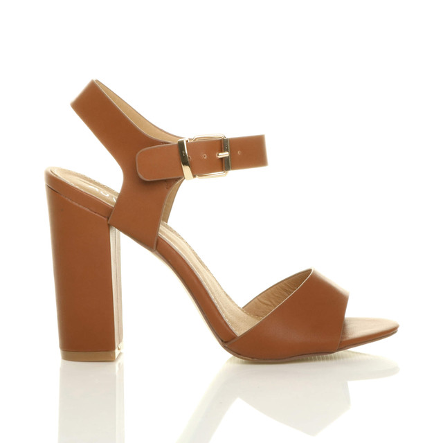 Right side view of Tan PU High Block Heel Sandals