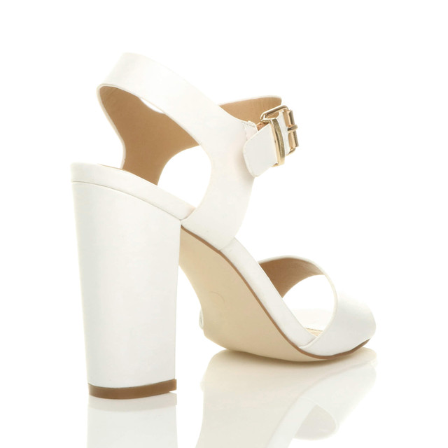 Back right side view of White PU High Block Heel Sandals