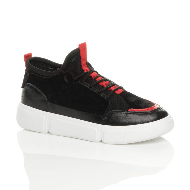 Front right side view of Black PU Lace Up Low Top Retro Contrast Trainers Sneakers