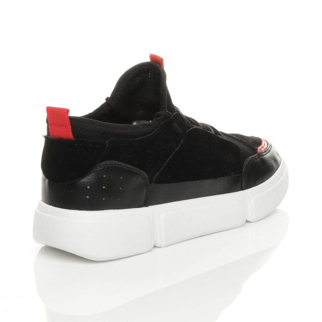 Back right side view of Black PU Lace Up Low Top Retro Contrast Trainers Sneakers