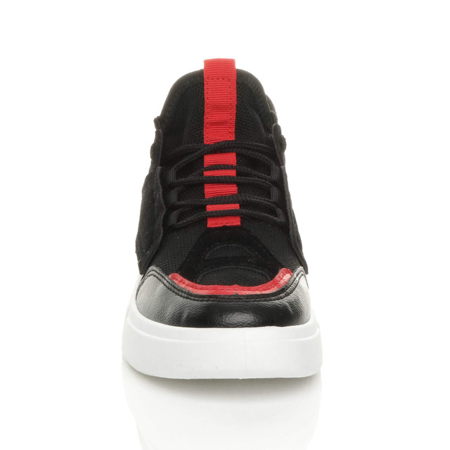 Front view of Black PU Lace Up Low Top Retro Contrast Trainers Sneakers