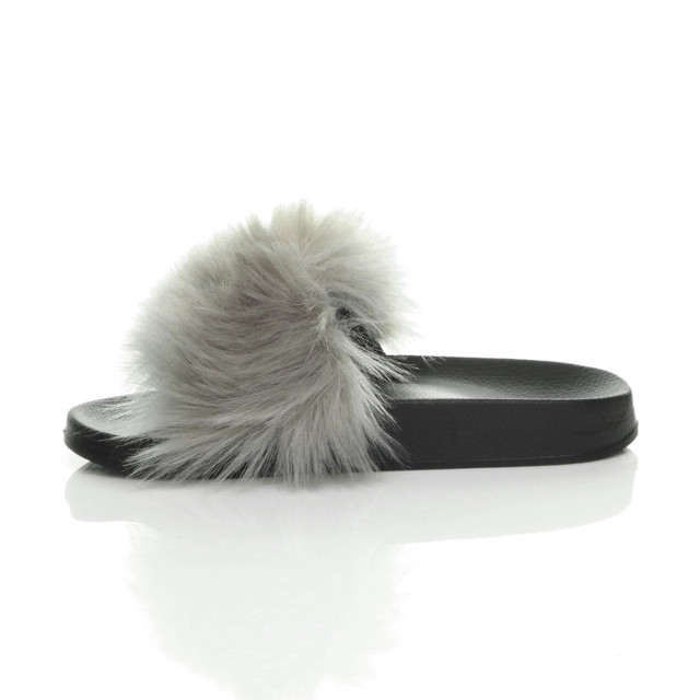 Womens Flat Faux Fur Fluffy Sandals Sliders AjvaniShoes