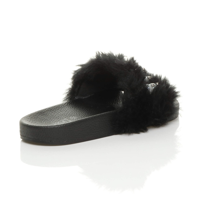 Back right side view of Black Fur Flat Faux Fur Fluffy Sandals Sliders Flip Flops