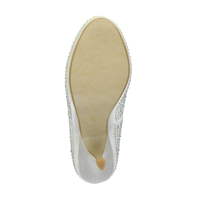 Bottom view of the sole of White Satin Mid Kitten Heel Diamante Court Shoes