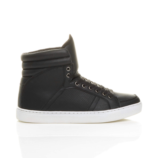 Right side view of Black PU Flat Lace Up Hi-Top Trainers Ankle Boots