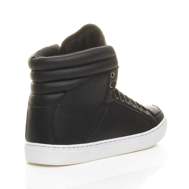 Back right side view of Black PU Flat Lace Up Hi-Top Trainers Ankle Boots