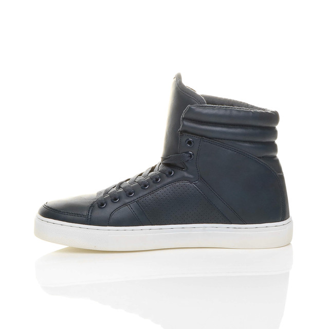 Left side view of Navy PU Flat Lace Up Hi-Top Trainers Ankle Boots