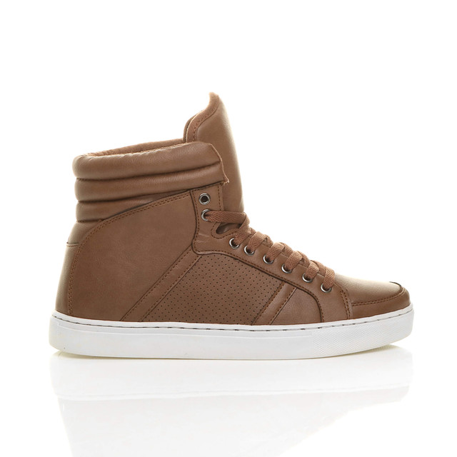 Right side view of Tan PU Flat Lace Up Hi-Top Trainers Ankle Boots