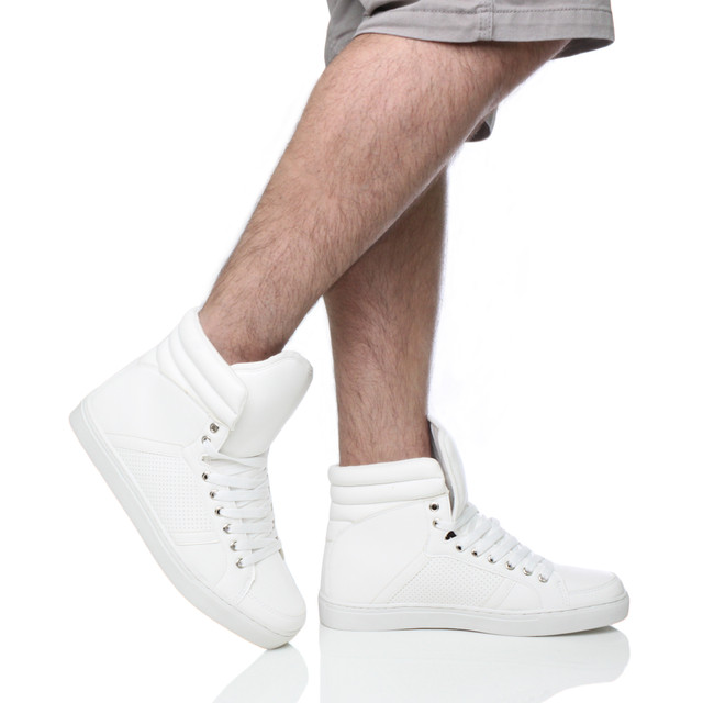 Model wearing White PU Flat Lace Up Hi-Top Trainers Ankle Boots