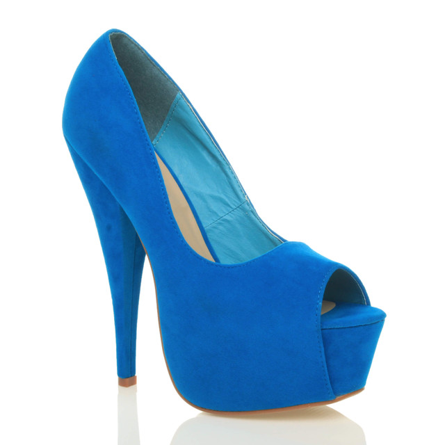 Front right side view of Light Blue Suede High Heel Platform Peep Toe Court Shoes
