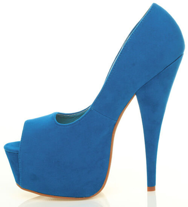Left side view of Light Blue Suede High Heel Platform Peep Toe Court Shoes