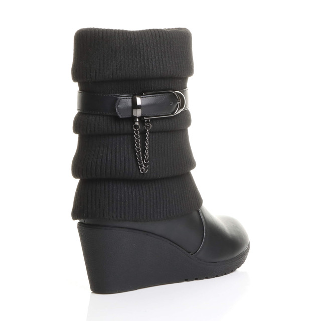 Back right side view of Black PU Mid Heel Wedge Knitted Collar Slouch Ankle Boots