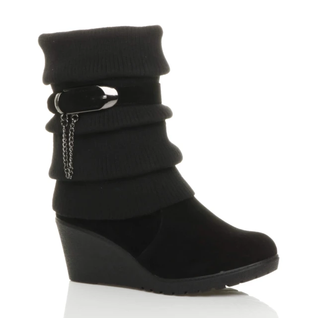 Front right side view of Black Suede Mid Heel Wedge Knitted Collar Slouch Ankle Boots