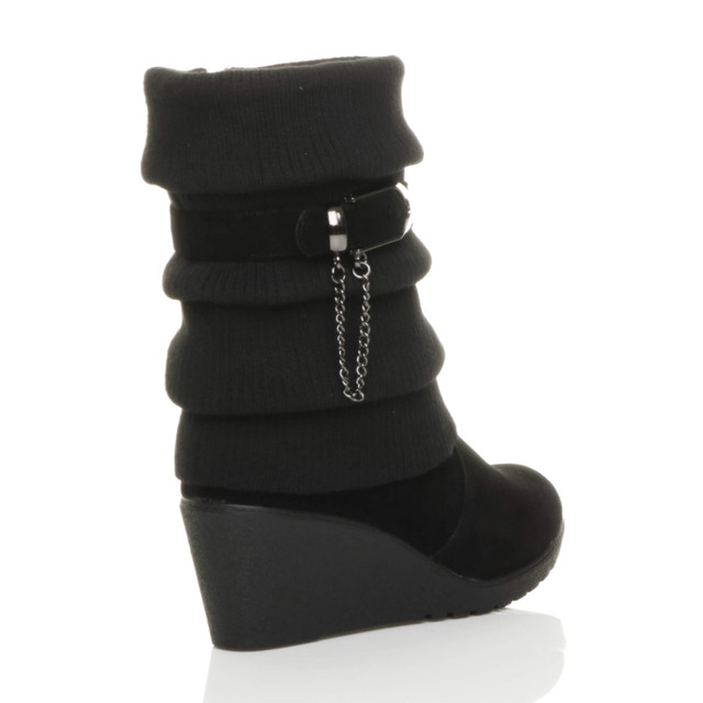Back right side view of Black Suede Mid Heel Wedge Knitted Collar Slouch Ankle Boots