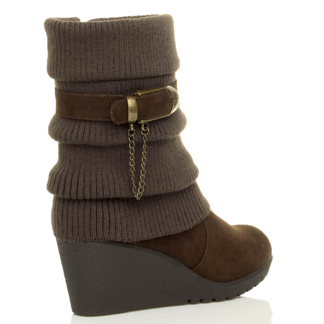 Back right side view of Brown Suede Mid Heel Wedge Knitted Collar Slouch Ankle Boots