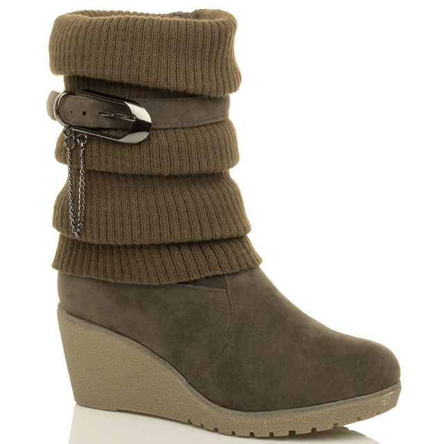Front right side view of Khaki Suede Mid Heel Wedge Knitted Collar Slouch Ankle Boots