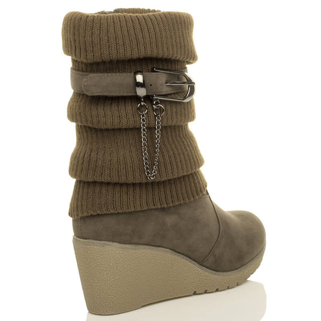 Back right side view of Khaki Suede Mid Heel Wedge Knitted Collar Slouch Ankle Boots