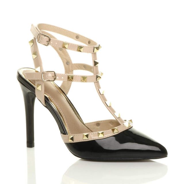 Front right side view of Black Patent High Heel Punk Rock Studded T-Bar Strappy Pointed Shoes