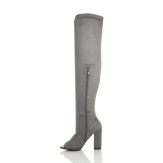 Left side view of Grey Suede High Heel Peep Toe Over Knee Sock Fit Boots