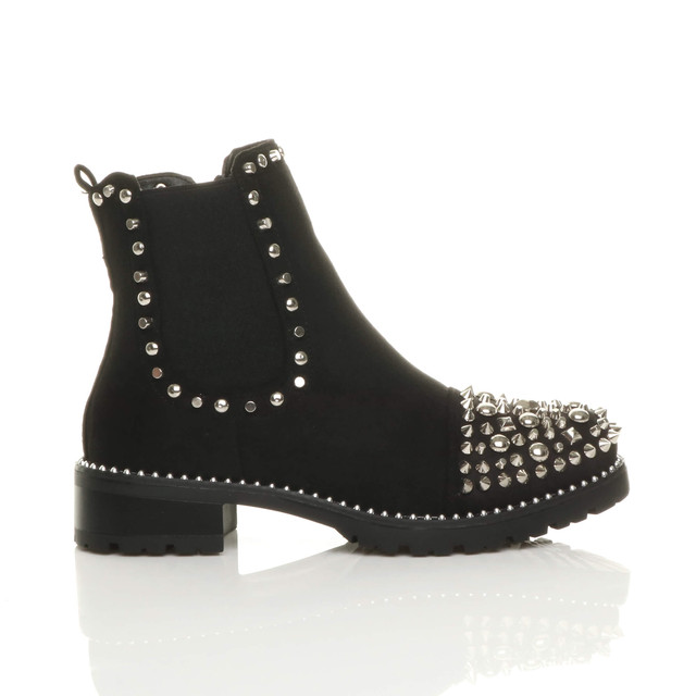 Right side view of Black Suede Low Heel Chunky Studded Chelsea Ankle Boots