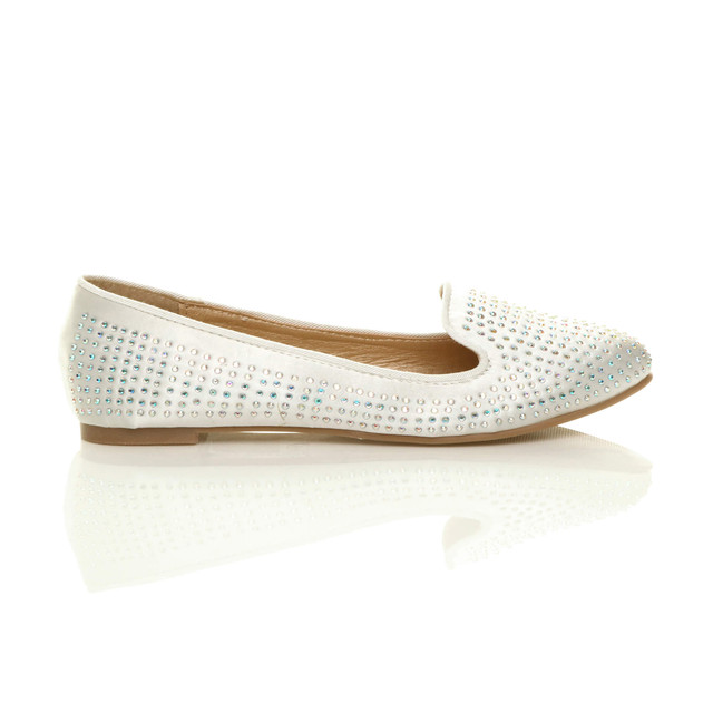 Right side view of Ivory Satin Flat Diamante Ballerinas Loafers Shoes