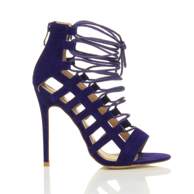Right side view of Cobalt Blue Suede High Heel Strappy Lace Up Ghillie Sandals