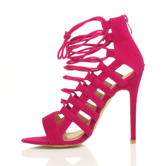Left side view of Fuchsia Pink Suede High Heel Strappy Lace Up Ghillie Sandals