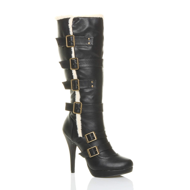 Front right side view of Black PU High Heel Aviator Calf Boots