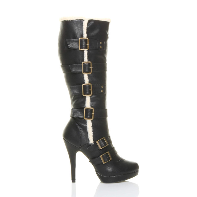 Right side view of Black PU High Heel Aviator Calf Boots