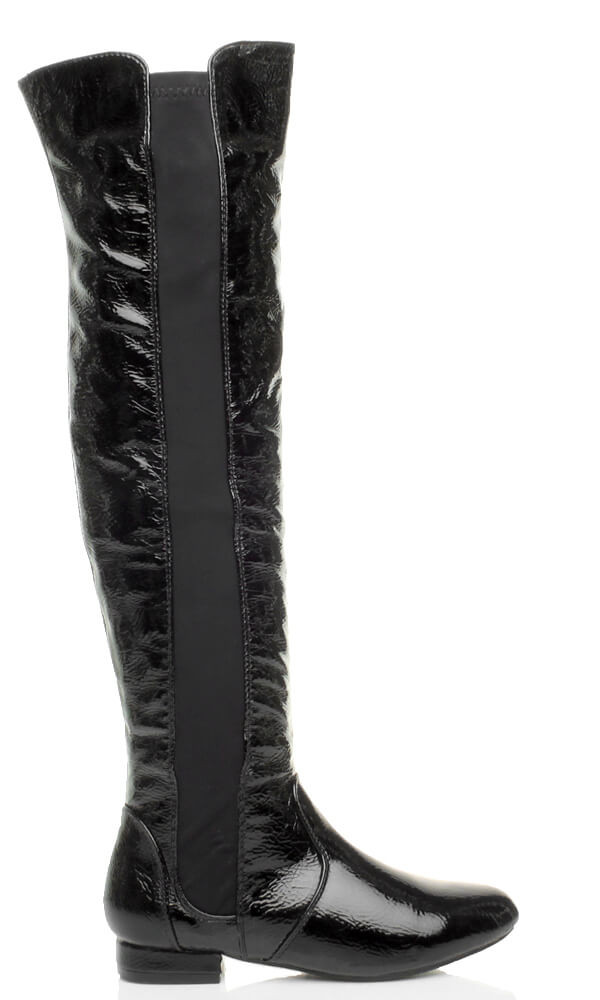 Right side view of Black Patent Low Heel Chelsea Over The Knee Boots