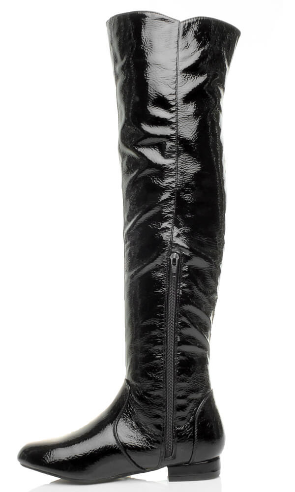 Left side view of Black Patent Low Heel Chelsea Over The Knee Boots