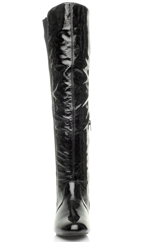 Front view of Black Patent Low Heel Chelsea Over The Knee Boots