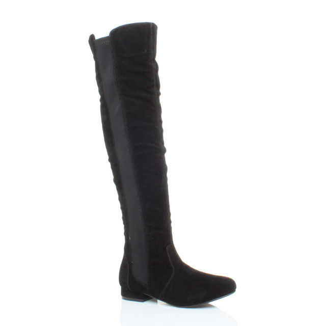 Front right side view of Black Suede Low Heel Chelsea Over The Knee Boots
