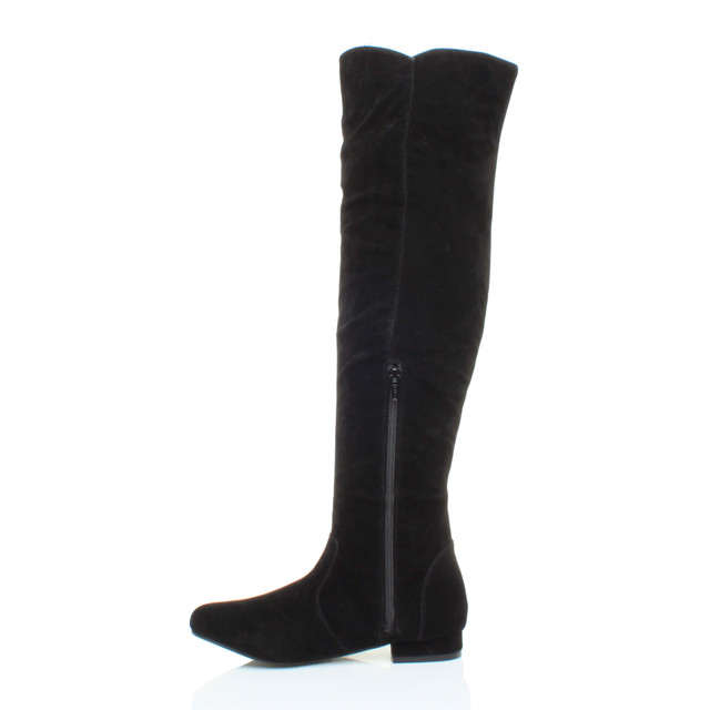 Left side view of Black Suede Low Heel Chelsea Over The Knee Boots