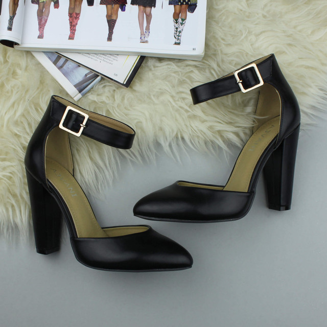 Closeup view of features of Black PU High Block Heel Ankle Strap Pointed Court Shoes