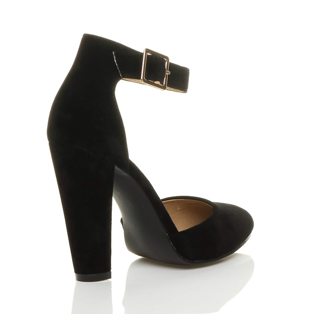 Back right side view of Black Suede High Block Heel Ankle Strap Pointed Court Shoes