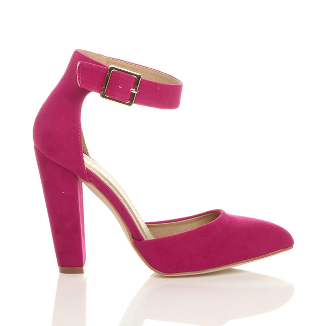 Right side view of Fuchsia Pink Suede High Block Heel Ankle Strap Pointed Court Shoes