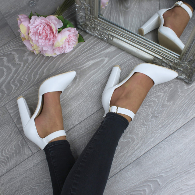 Model wearing White PU High Block Heel Ankle Strap Pointed Court Shoes