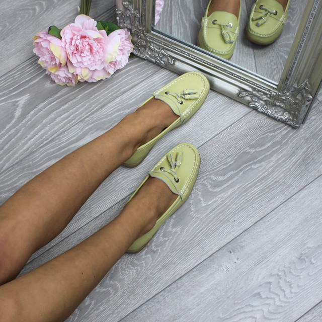 Model wearing Pistachio Low Heel Wedge Comfort Boat Shoes Loafers